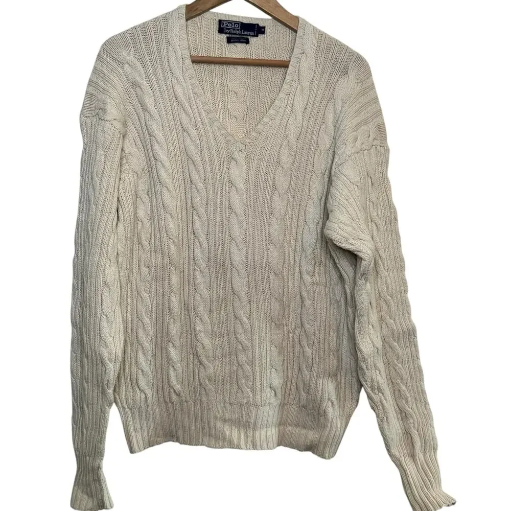 Vintage Polo Ralph Lauren Hand Knit Cream Cotton Cable Knit V-Neck XL Sweater